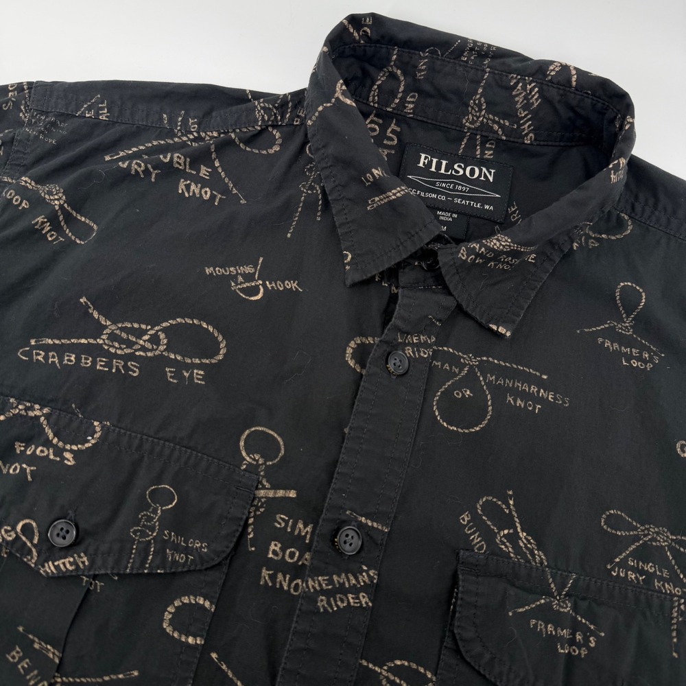 Filson Shirt Mens Medium Black Feather Cloth Washed Short Sleeve Knots Print